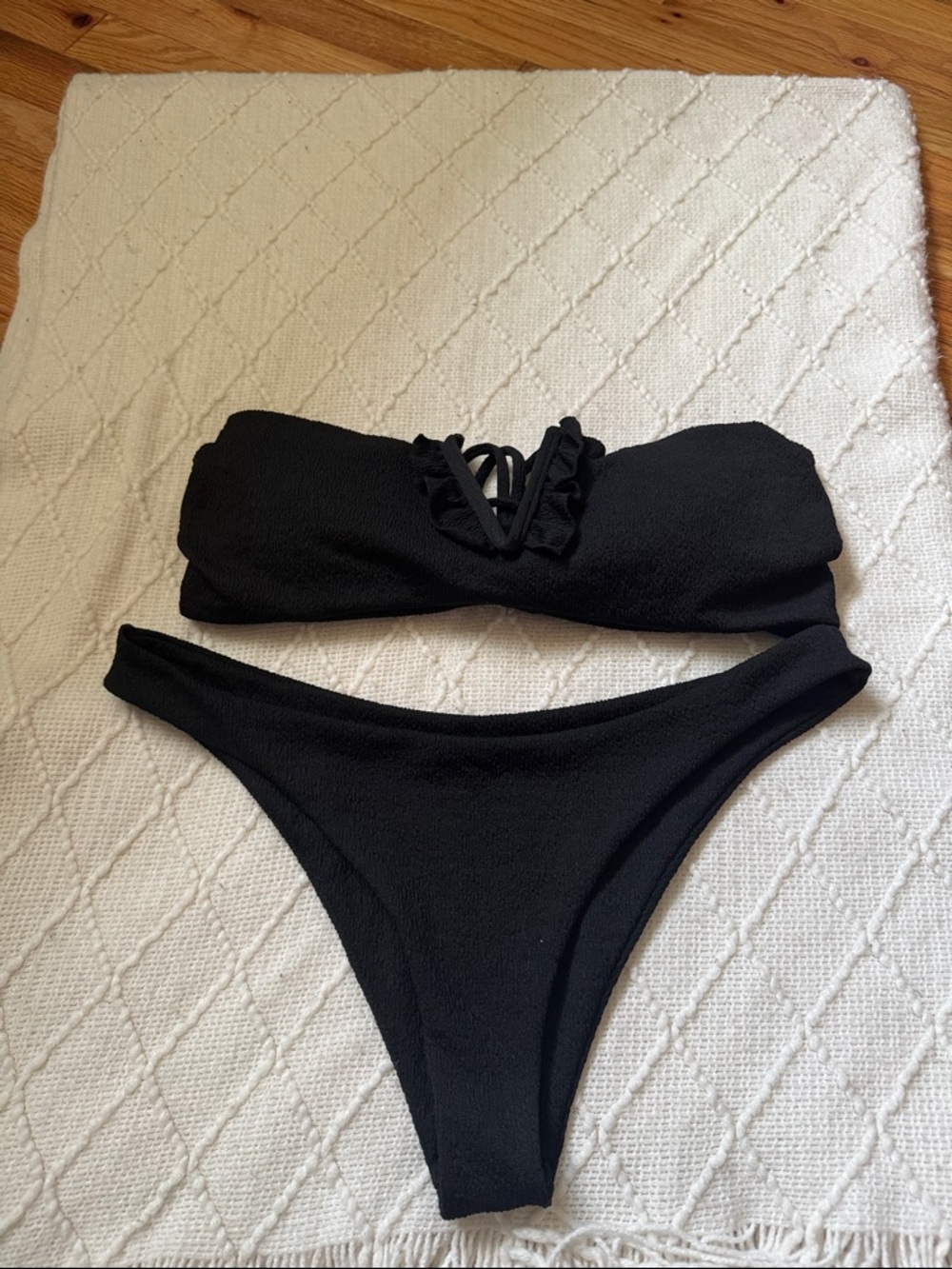 NWOT Black Bandeau Ruffle Trim Bikini Set